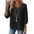 thumbnail image 2 of Women's Cotton Linen 3/4 Sleeve V Neck Lace Blouse Loose Fit Casual, 2 of 7