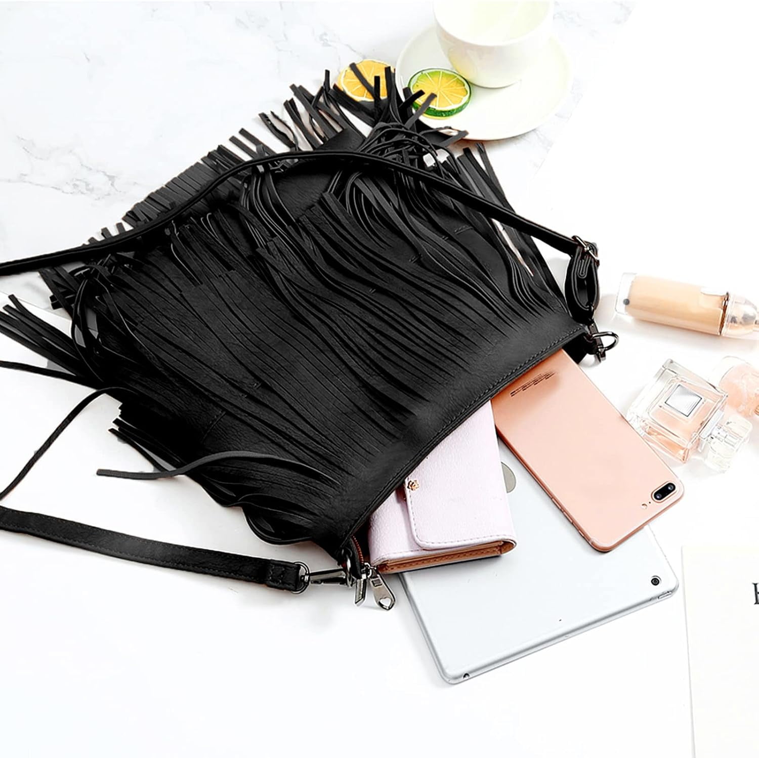 Vintage Fringe Purse Fringe Hobo Bags for Women Vegan Leather Tassel Hippie Crossbody Bag