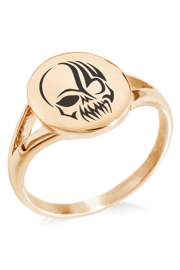 Stainless Steel Death Zombie Skull Minimalist Oval Top Polished Statement Signet Ring