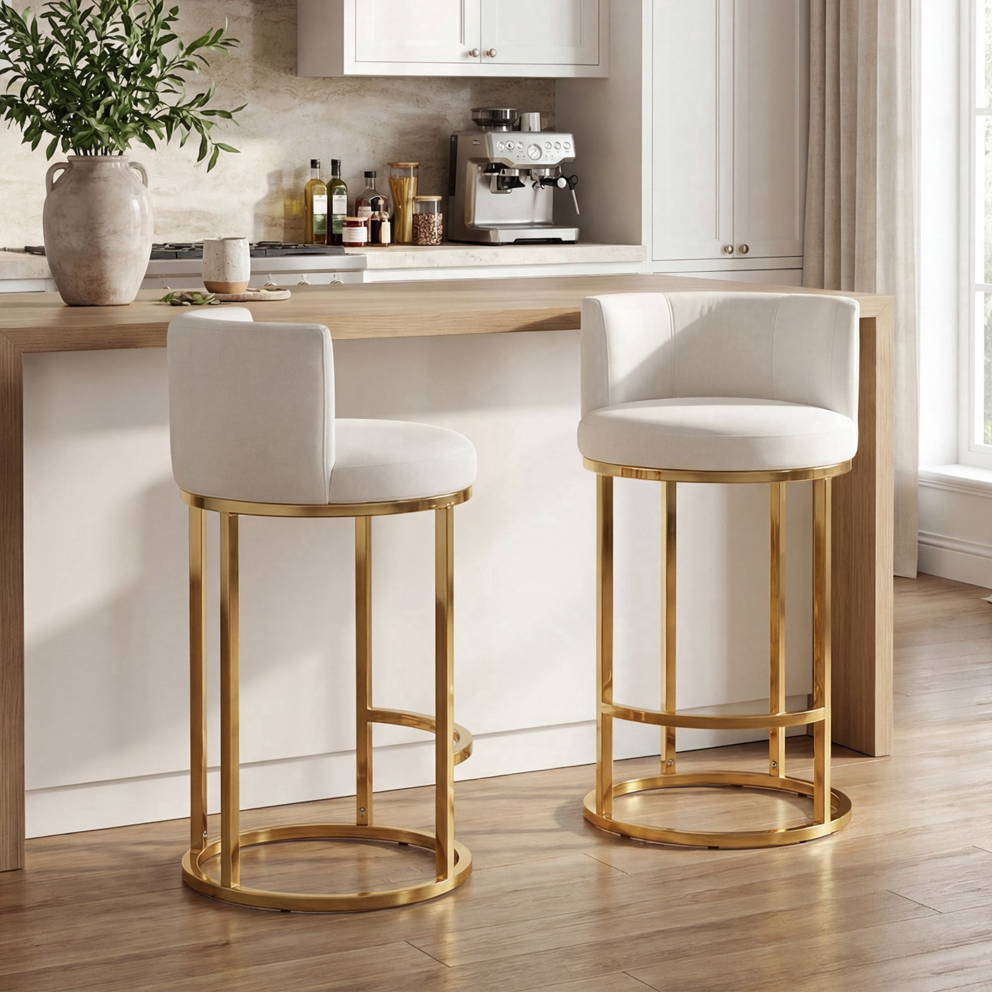 Dayalane 26" Counter Height Bar Stools Set of 2, Modern Velvet Upholstered Bar Chairs with Barrel Back, Gold Metal Frame for Kitchen Island, Beige