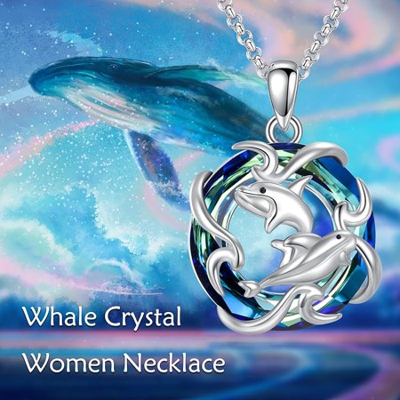 SISGEM 925 Sterling Silver Whale Necklace for Women, Whale Crystal Pendant Necklace Valentine's Day Birthday Mothers Day Graduation Ocean Animal Jewelry Gifts for Her Mom Girlfriend Daughter 18+2"