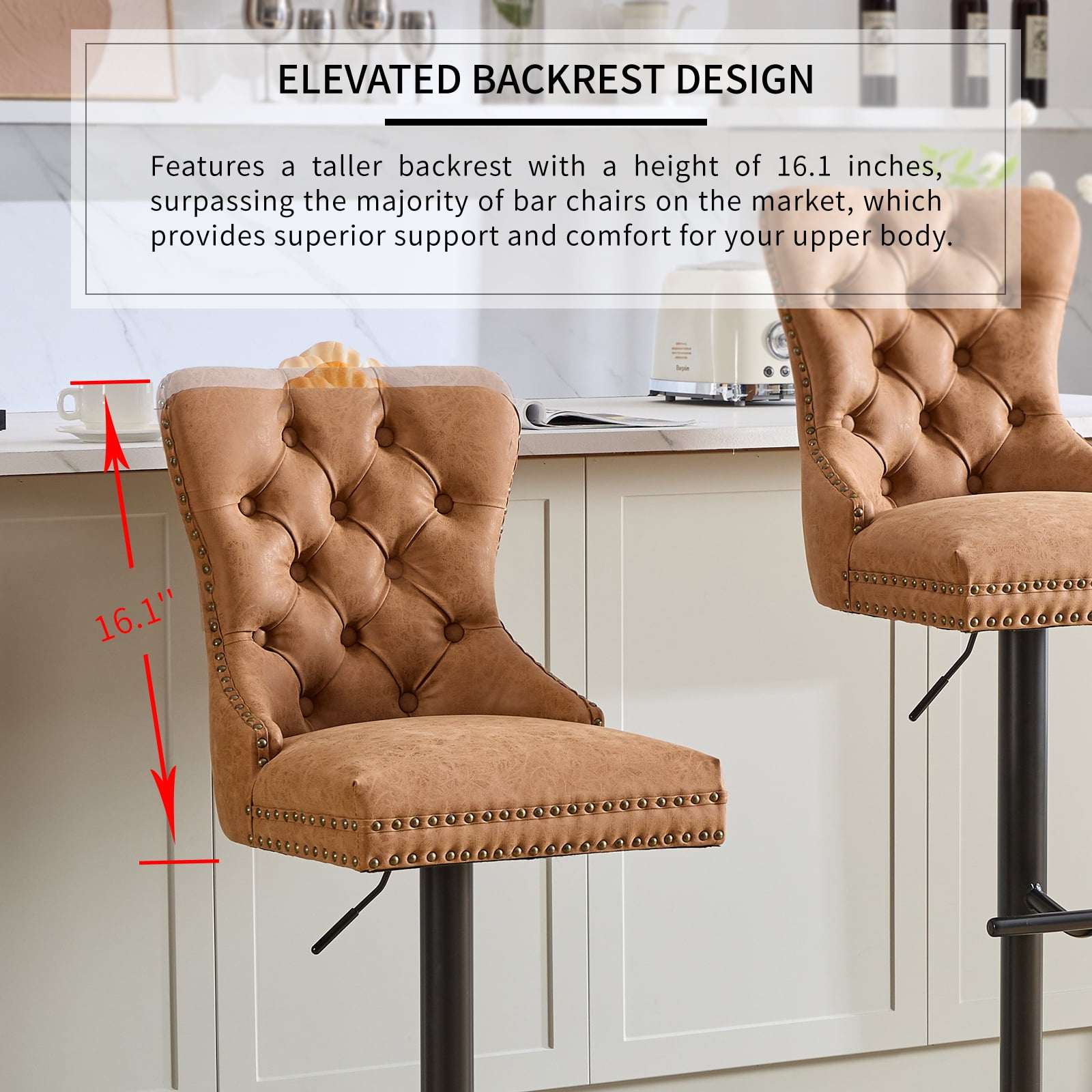Orange PU Leather Swivel Bar Stools Set of 2 with Upholstered Back, Adjustable Counter Height Barstools, Bar Chairs for Home Bar Kitchen Island Pub Restaurant (2 Pcs, Orange)