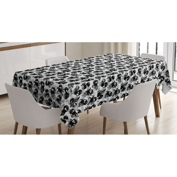 Octopus Tablecloth, Cartoon Ocean Animals in Various Expressions Sleepy Curious Zigzag Backdrop, Rectangle Satin Table Cover for Dining Room and Kitchen, 60" X 84", Black Grey White, by Ambesonne