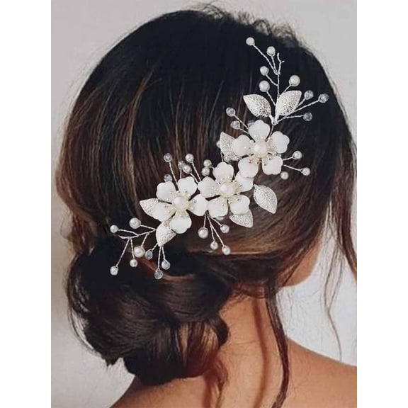 Flower Bride Wedding Hair Vine Silver Leaf Bridal Hair Accessories Pearl Headpiece for Women and Girls