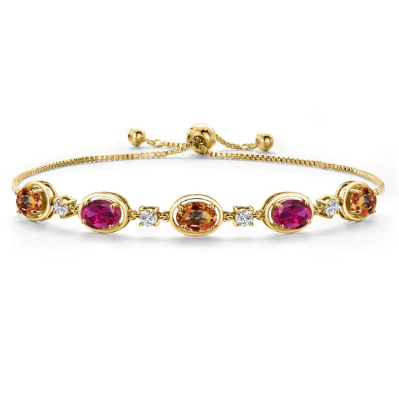 18K Yellow Gold Plated Silver Ecstasy Mystic Topaz, Red Created Ruby and Lab Grown Diamond Bracelet for Women | 5.10 Cttw | Gemstone November Birthstone | Oval 7X5MM | Fully Adjustable 9 inch