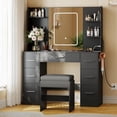 thumbnail image 1 of Ensemble de Coiffeuse Noire avec Miroir et Tabouret, 3 Modes d'Éclairage à Luminosité Réglable, Prise de Courant Intégrée, Support pour Sèche-Cheveux et 7 Tiroirs, Table de Maquillage pour Chambre Femmes Filles, 1 of 6
