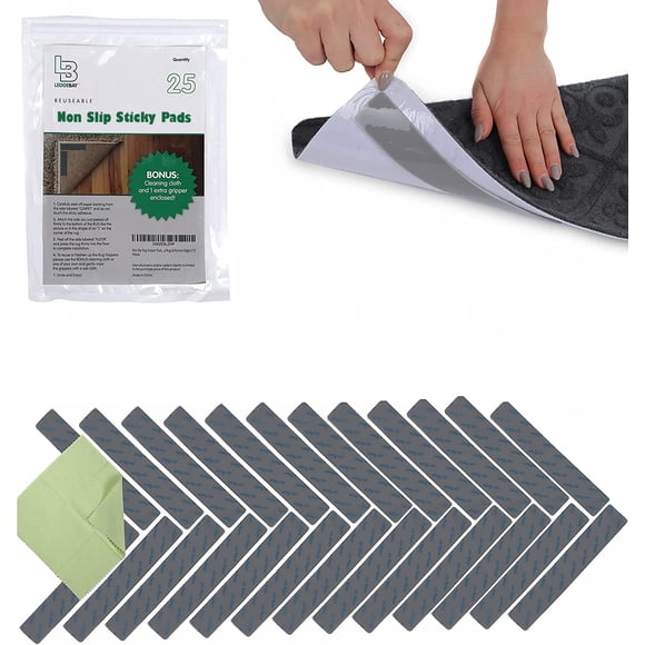 Ledgebay Rug Pad Grippers for Area Rugs - Pack of 25 Reusable, No Skid, Washable, Anti-Slip, Rug Pad Gripper for Hardwood Floors and Tile with Double-Sided, Self Adhesive to Keep Area Rugs Flat (Gray)