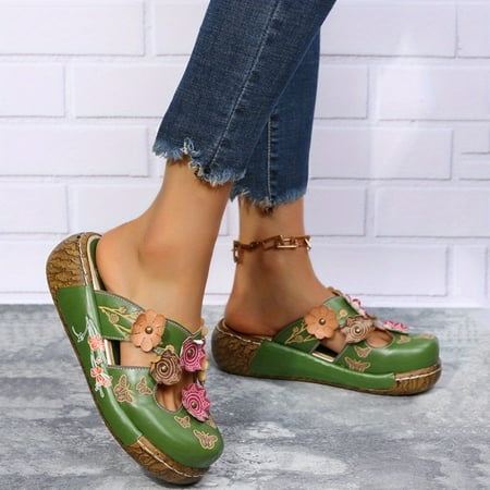 

TUOBKE Women‘s Wedge Mule Shoes Flower Decor Cut-out Floral Print Slide Sandals Tribal Style Slip On Shoes