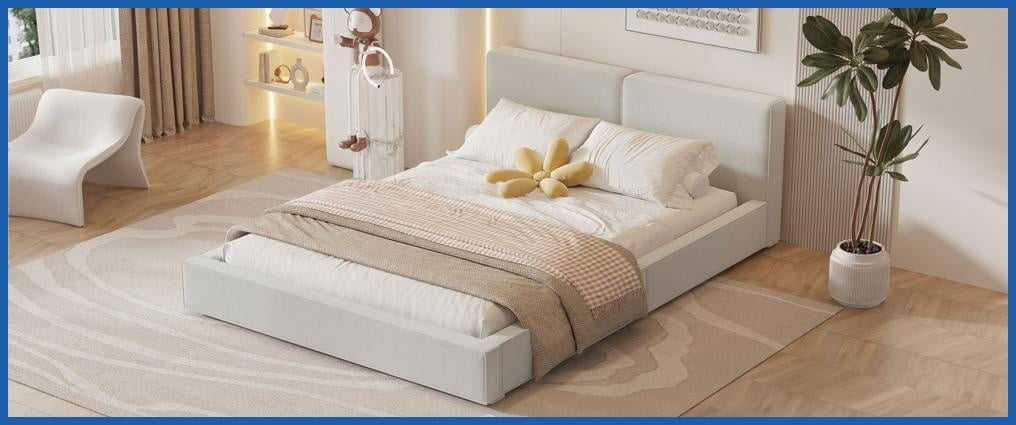 Queen Size Velvet Upholstered Platform Bed with Solid Frame, 500lbs Capacity, Beige Master Bedroom Bedframe