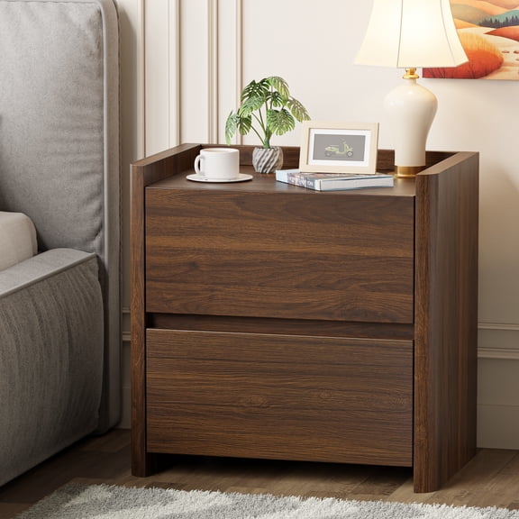 Nightstand with 2 Drawers, Modern End Table for Bedroom, Bedside Table with Cut-Out Handle, Large Night Stand for Home Office, Walnut