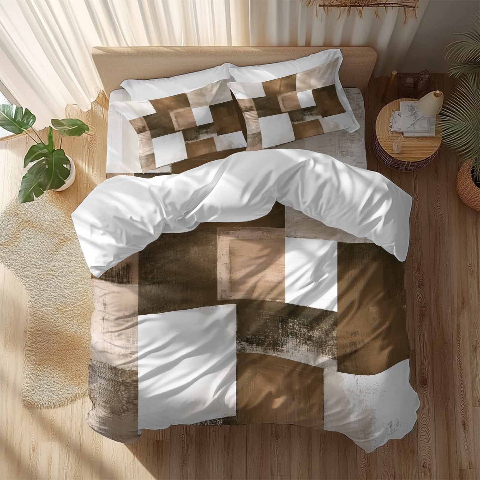Brown Abstract Duvet Cover Set Full Size Modern Rustic Geometric Color Block Plaid Soft Lightweight Comforter Covers 4 Piece Bedding Set with 1 Duvet Cover 1 Bed Sheet & 2 Pillow Shams