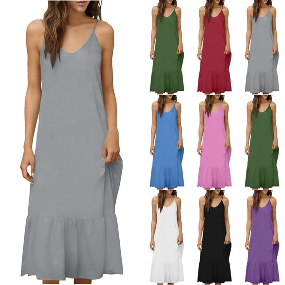 Women's 2026 Summer Flowy Maxi Dress Casual Sleeveless Spaghetti Strap Ruffle Beach Long Dresses Gray XXL