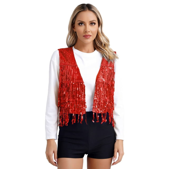 Kaerm Gilet à Franges à Paillettes pour Femmes Gilet Sans Manches à Franges Ouvert Veste de Fête Bal Rouge TTG