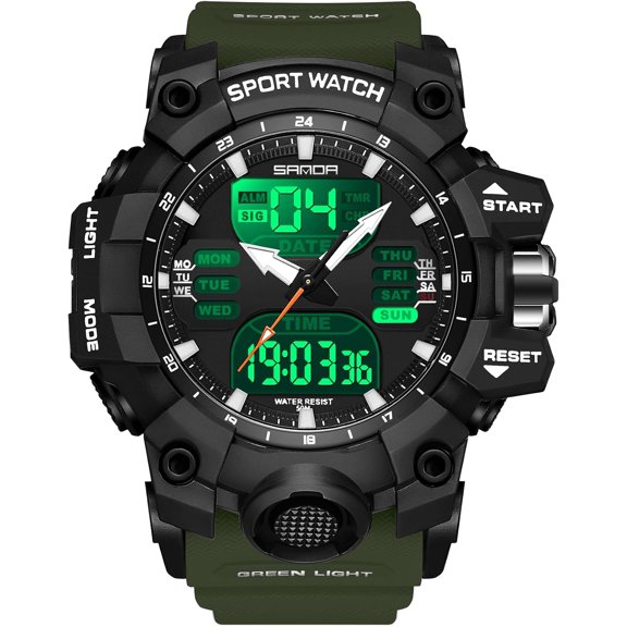 Men's Digital Analog Outdoor Sports Watches 5ATM Water Resistant Military Watch with LED Backlight Stopwatch Alarm Large Face Casual Watch for Men