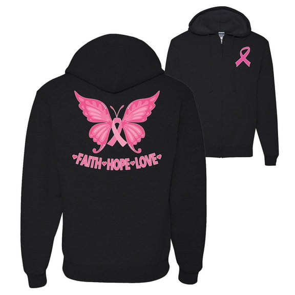 Wild Bobby, Butterfly Pink Ribbon Faith Hope Love, Breast Cancer Awareness, Front and Back Graphic Zip Up Hoodie Sweatshirt, Black, Small