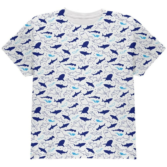 Shark Sharks Outline Repeat Pattern All Over Youth T Shirt White YSM