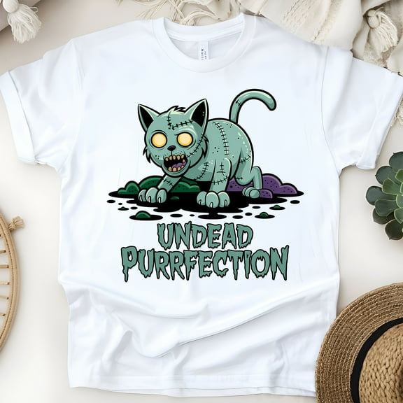 Undead Purrfection Zombie Cat Shirt for Adults, Funny Halloween Graphic Tee, White, Size S