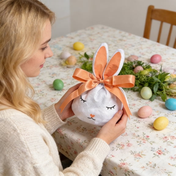Kumdkd Easter Bunny Candy Bag, Orange Non-Woven Fabric Reusable Treat Bags for Party Favors, Easter Egg Hunt Supplies & Gift Bags (10.24 x 6.3 in)