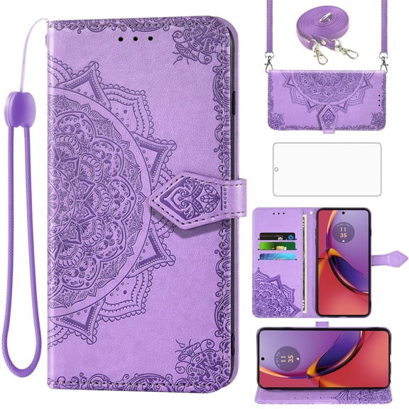 Asuwish Screen Protector Included Mandala Flower Hard Shell Wallet Cell Phone Case with Tempered Glass Screen Protector for Motorola Moto G84 5G, Purple