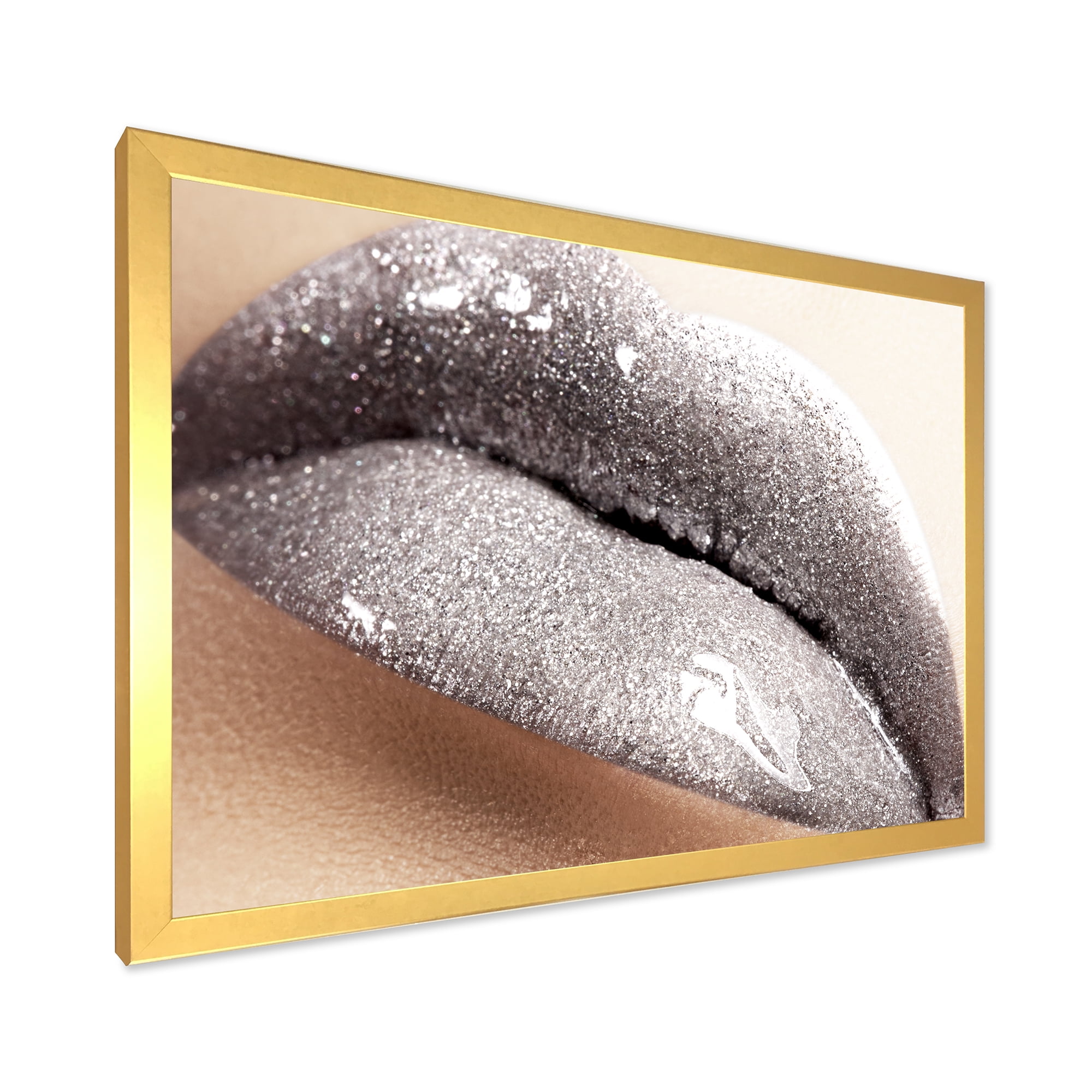 Close Up of Female Lips With Glittering Silver 32 in x 16 in Framed Photography Canvas Art Print, by Designart