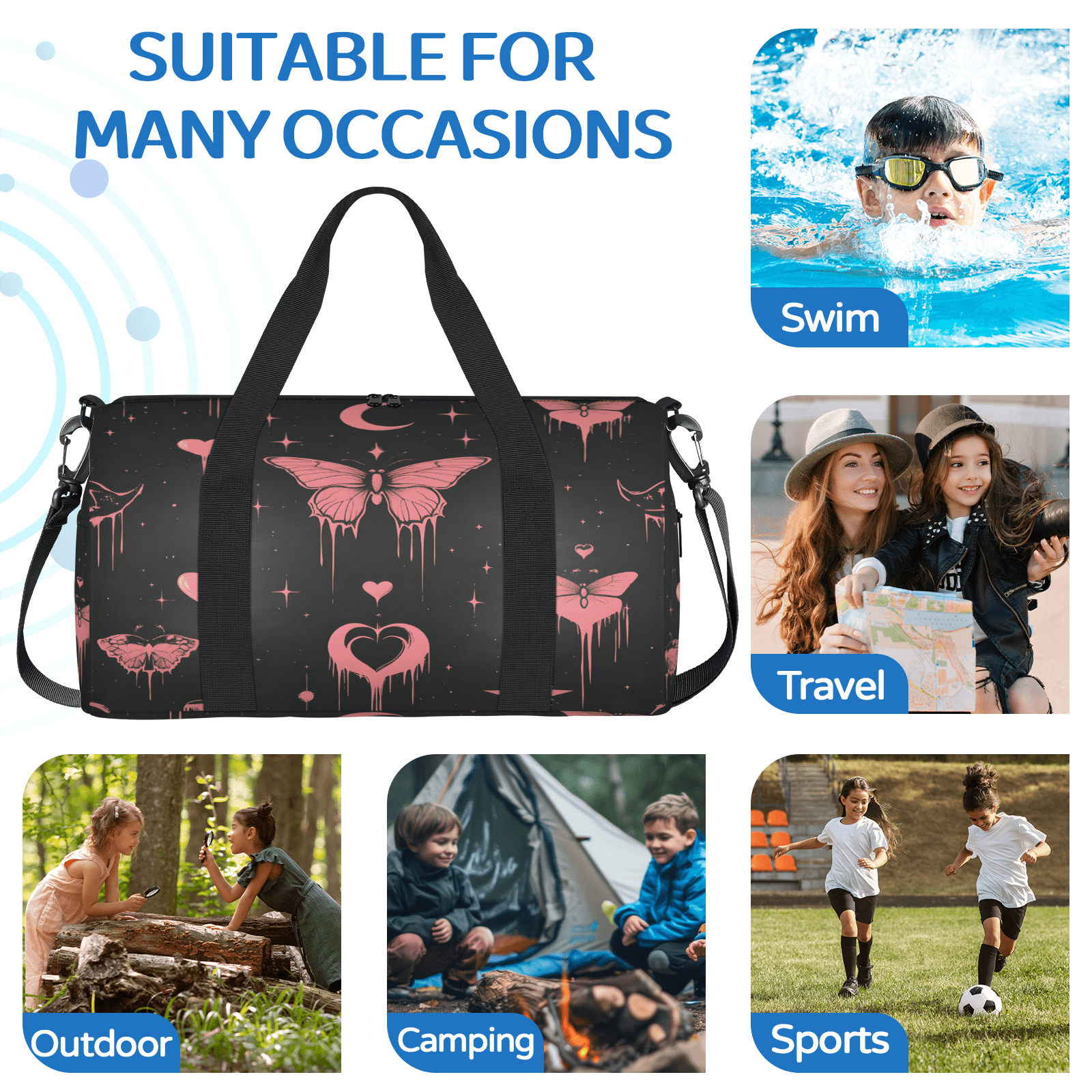 Herdesigns Pink Butterfly Gym Bag for Women, Duffle Bag for Travel Sport, Moon Love Lightweight Waterproof Carry on Weekender Dance Yoga Workout Bags
