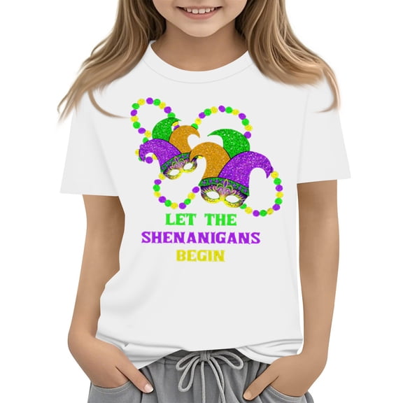CCRFTGI Mardi Gras Shirt for Child Girls Size 10-12 Cute Carnival Graphic Shirts Fashion Beads Tee Holiday Crewneck Carnival T-Shirt White 7-8 Years