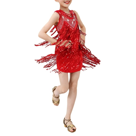 Rggeeun Toddler Girls Latin Dance Dress Sparkling Fringe Performance Summer Stage Party Wear Sequined Flowy Dresses Cozy Casual O-Neck Sundress