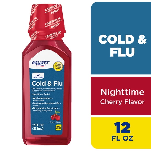 Equate Nighttime Cold and Flu Relief Liquid, Cherry Flavor, 12 Fl Oz, Compare to Vicks® NyQuil® Cold & Flu Active Ingredients