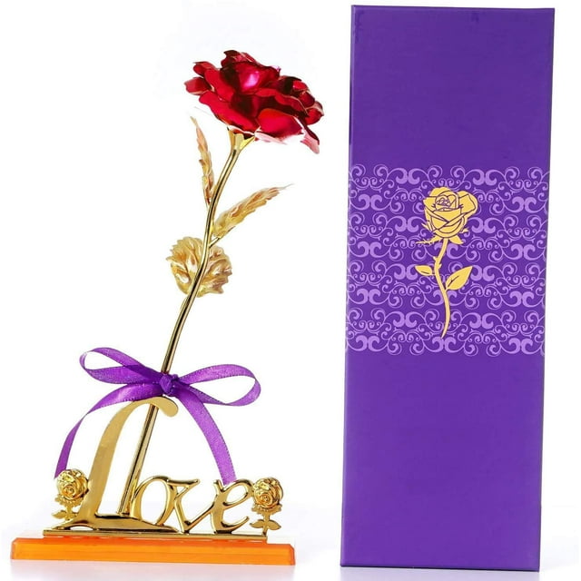 Flor de rosa artificial de 24 quilates con soporte de exhibición en caja de regalo-- BANYUO Electrónica