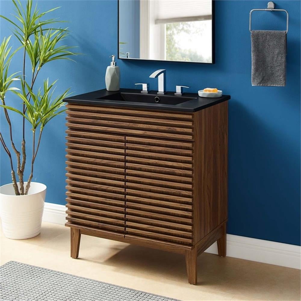 Pemberley Row Wood and Ceramic Walnut and Black Bathroom Vanity Rectangular Adjustable Shelf 30" Unassembled