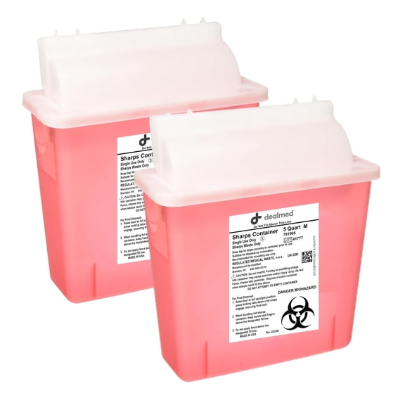 Dealmed Sharps Container, 5 Quart Mailbox Lid, Red (Pack of 2)