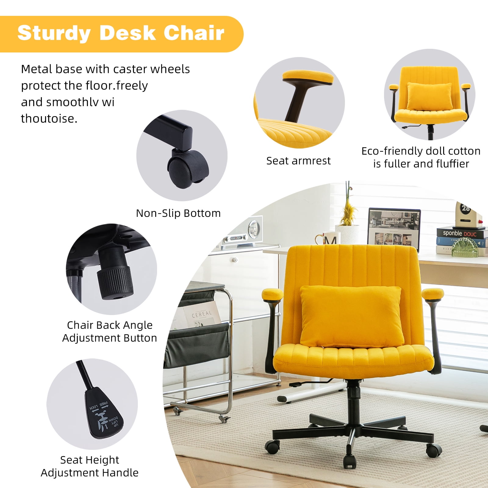 Office Chair, Desk Chair, Ergonomic Chair with Armrests & Wheels, Adjustable Height Swivel & Tilt Cross Back Desk Chair for Home Office Work & Study, Yellow