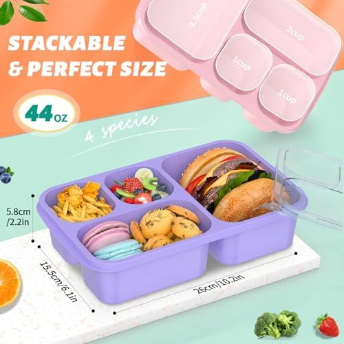 Bento Lunch Box - 4 Pack, Snack Box Containers Meal Prep Container Microwave Safe, Lunch Box of 4-Compartment, Bento Box Adult Lunch Box, Dishwasher Safety (PP(B/P/G/P))