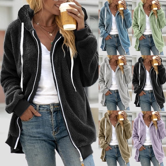 Lovzfmll Fall Jackets for Women, Solid Color Double Faced Jacket, Hooded Zip Up Fleece Coat, Fall Winter Clothing