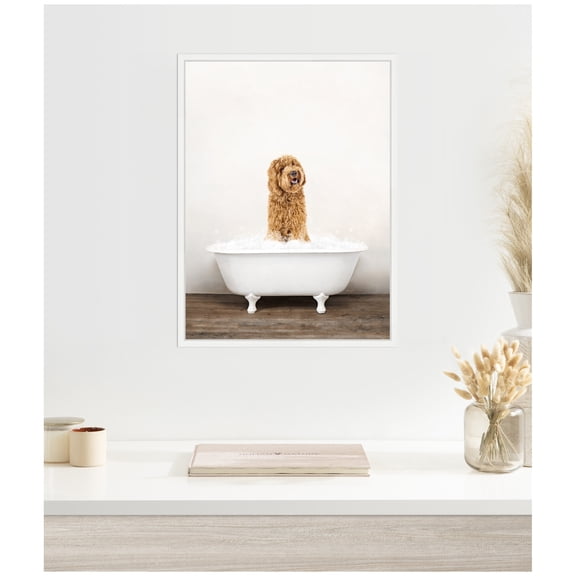 Kate and Laurel Golden Labradoodle in Rustic Bath Style Framed Canvas Wall Art by Amy Peterson 18 x 24 Sylvie White, Farmhouse, Animals, Bathroom Art for Wall Decor, Living Room, Bedroom