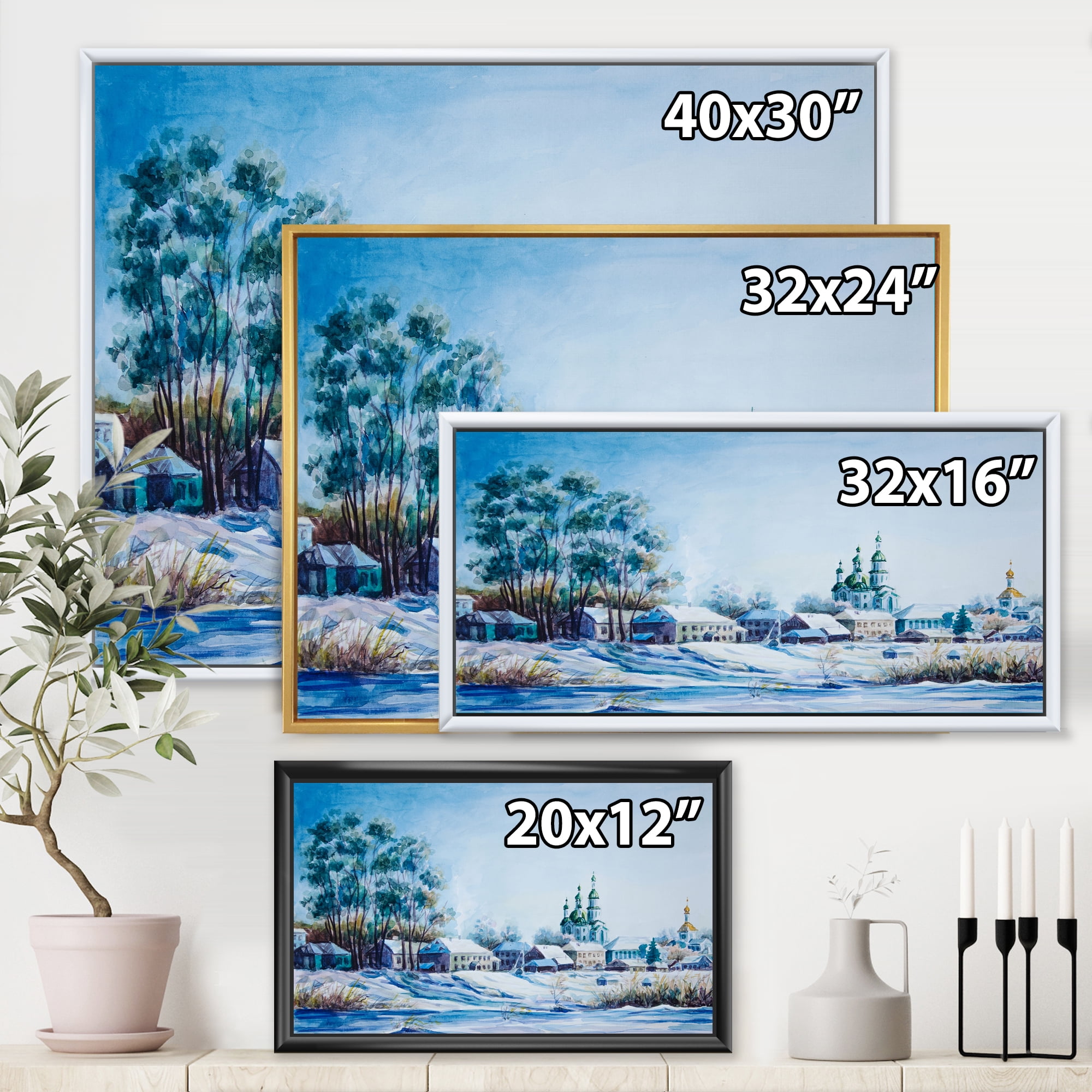 Designart 'Small Town Covered In Snow In Winter Times' Traditional Framed Canvas Wall Art Print