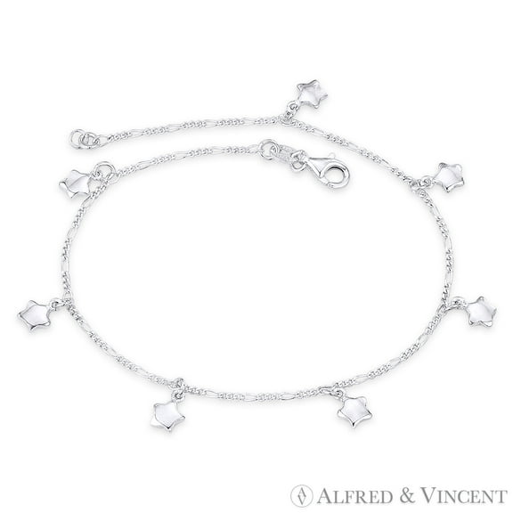 5x6mm Stars on 1.3mm Figaro Link Chain Italian Charm Anklet in .925 Sterling Silver