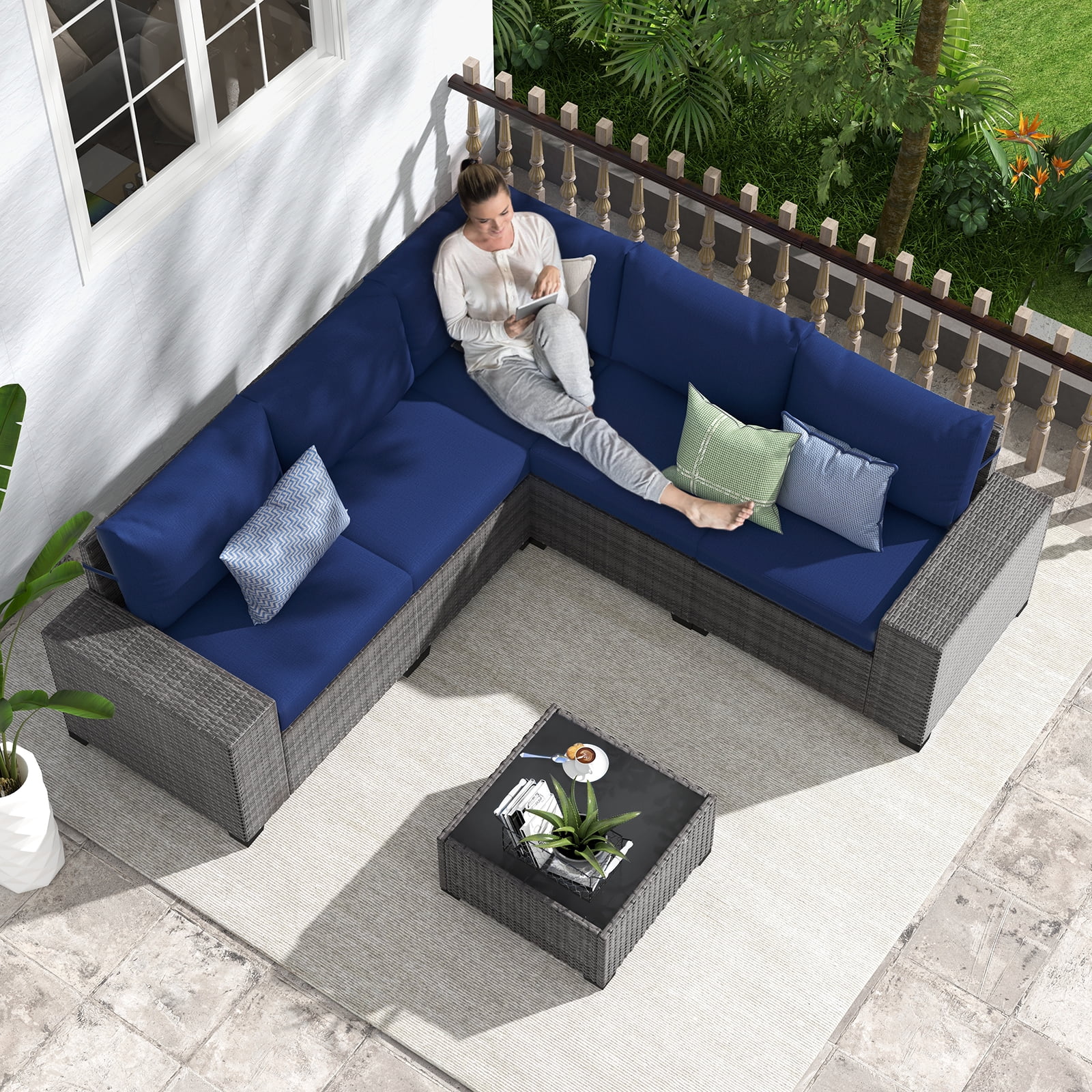 JOIVI 6 Pieces Patio Furniture Set, Wicker Outdoor Conversation Set with Coffee Table, Rattan Sectional Sofa and Table Set with Cushions for Deck, Garden, Porch, Navy Blue