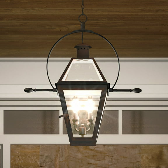 Luxury Historic Outdoor Pendant, 23.50''H x 21.25''W, with Tudor Style Elements, French Country Design, Bygone Bronze Finish and Clear Tempered Glass Panels, UQL1378