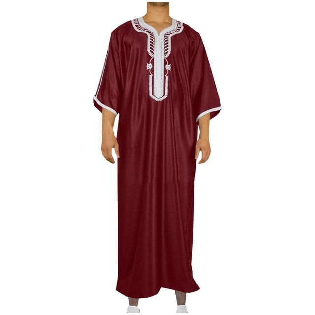 RXIRUCGD Men's Muslim Robe Arab Middle Robe Long Style Long Sleeve Embroidered Standing Neck Long Shirt Fashion Casual Robe, Wine, Size : L