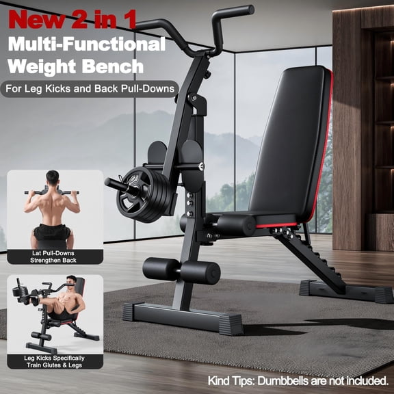 Weight Bench with Leg Kick and Back Pull-Down Functions, Adjustable Multi-Functional Home Gym Workout Bench and Strength Training Equipment, Red and Black