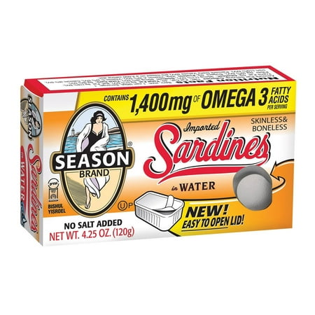 Season Brand Skinless And Boneless Sardines In Water - No Salt Added - Pack of 12 - 4.25