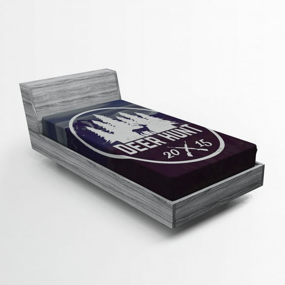 Ambesonne Hunting Fitted Sheet, Emblem Antler, Twin Size, Brown Blue and White