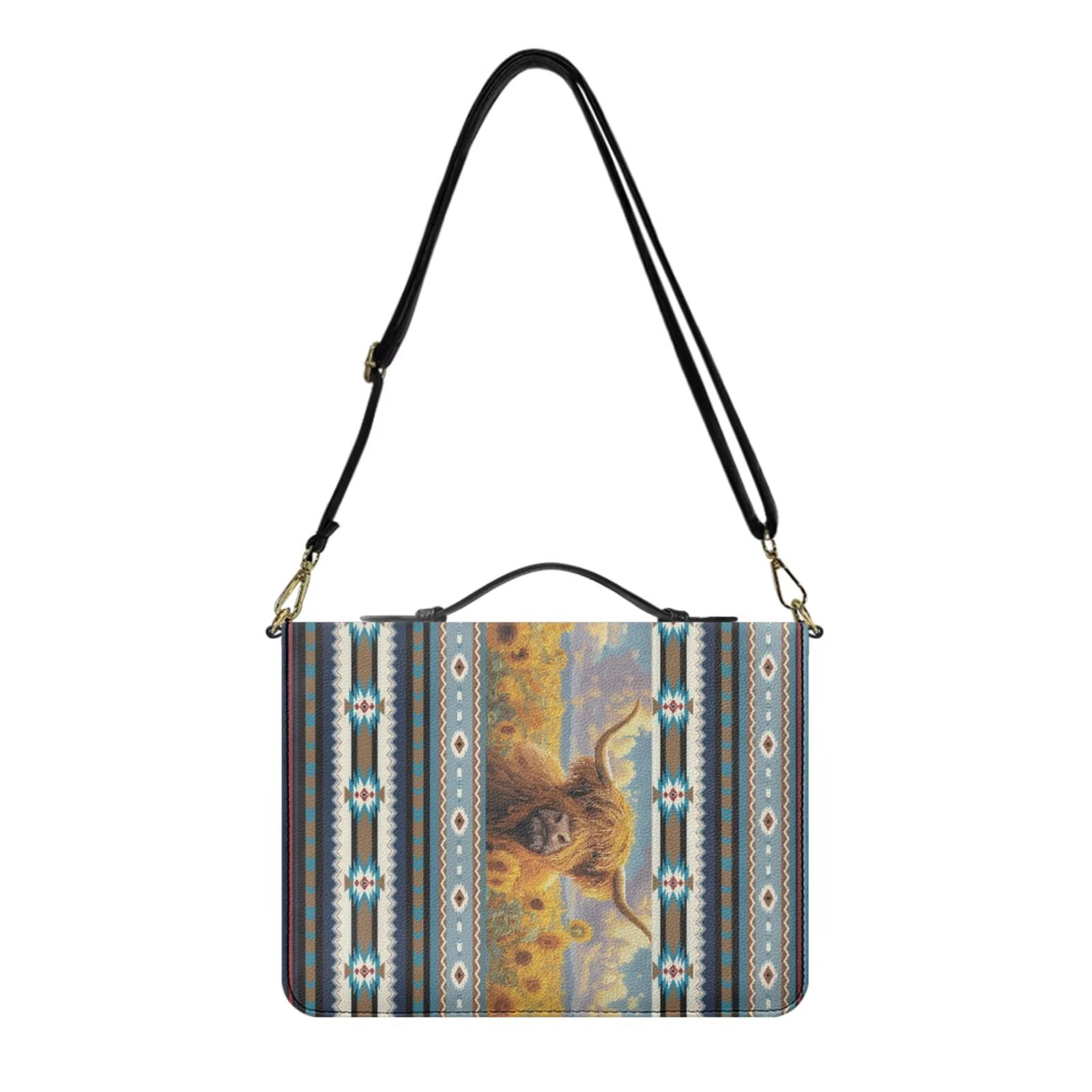 Kuiaobaty Aztec Sunflower Print Bible Cover Case for Women Lady Highland Cow Print Book Carrying Bag with Shoulder Strap Bible Study Supplies Accessories with Bookmark Gifts for Christian, Blue