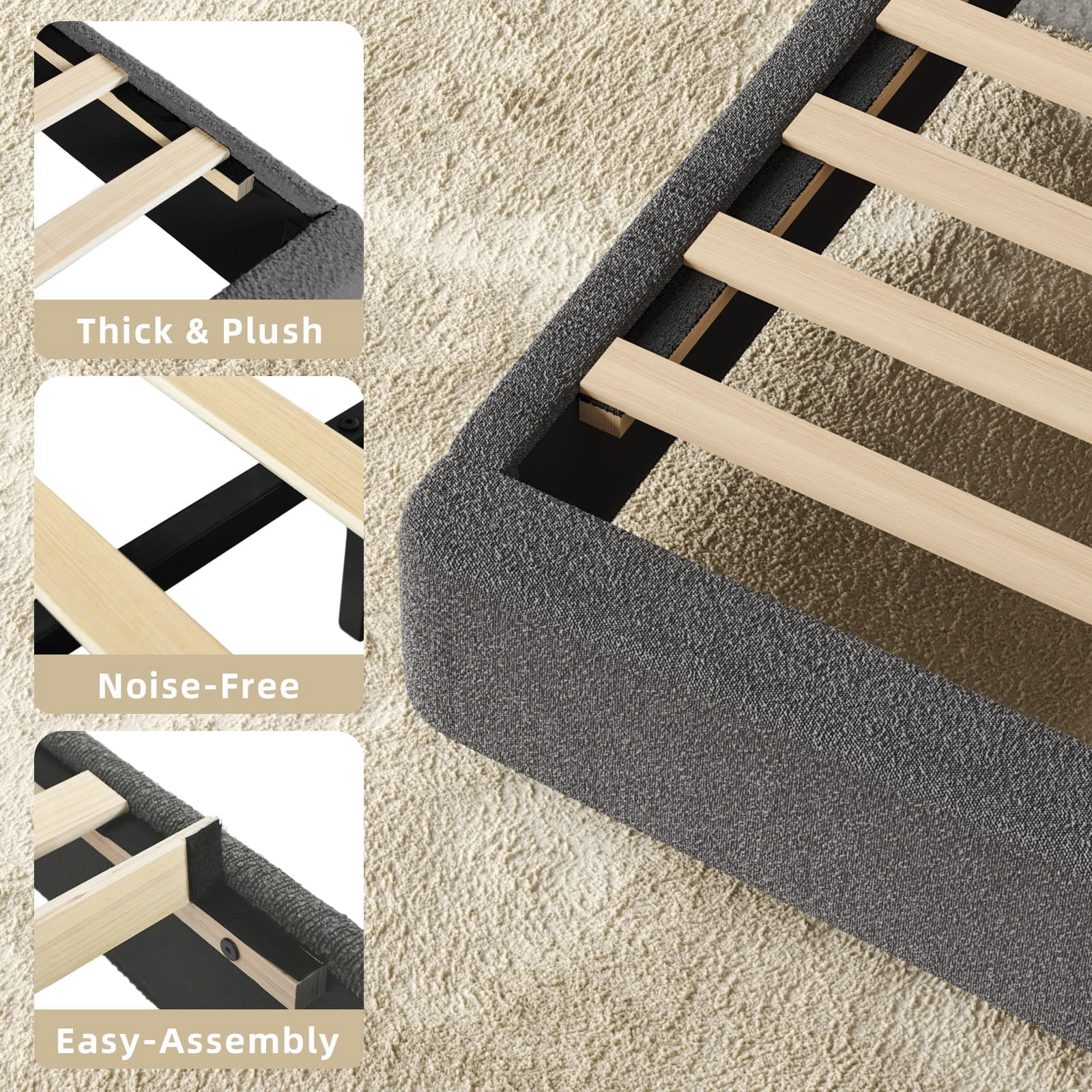 4 EVER WINNER Full Size Boucle Bed Frame with Headboard, Upholstered Platform Bed with Wood Slats, Soft Rounded Corners, No Box Spring Required, Non-Slip and Noise-Free, Easy Assembly, Grey