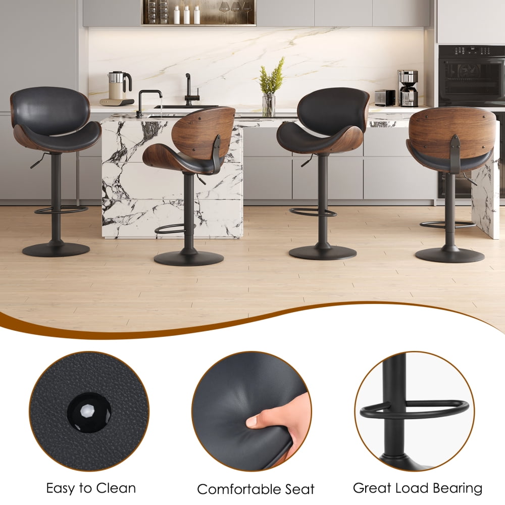 A set of 2 height-adjustable swivel bar stools with PU leather seats and backrests, featuring footrests, suitable for kitchen bar counters or home bars