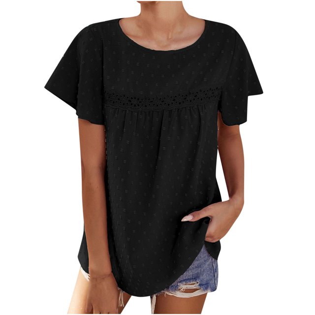 Hauts d'Été Décontractés pour Femmes à Manches Courtes à Volants en Tricot, Tunique à Col Rond pour Femmes Tendance Mode, Hauts d'Été pour Femmes à Manches Courtes en Crochet, Chemises Décontractées à Texture Ample à Col Rond en Tricot
