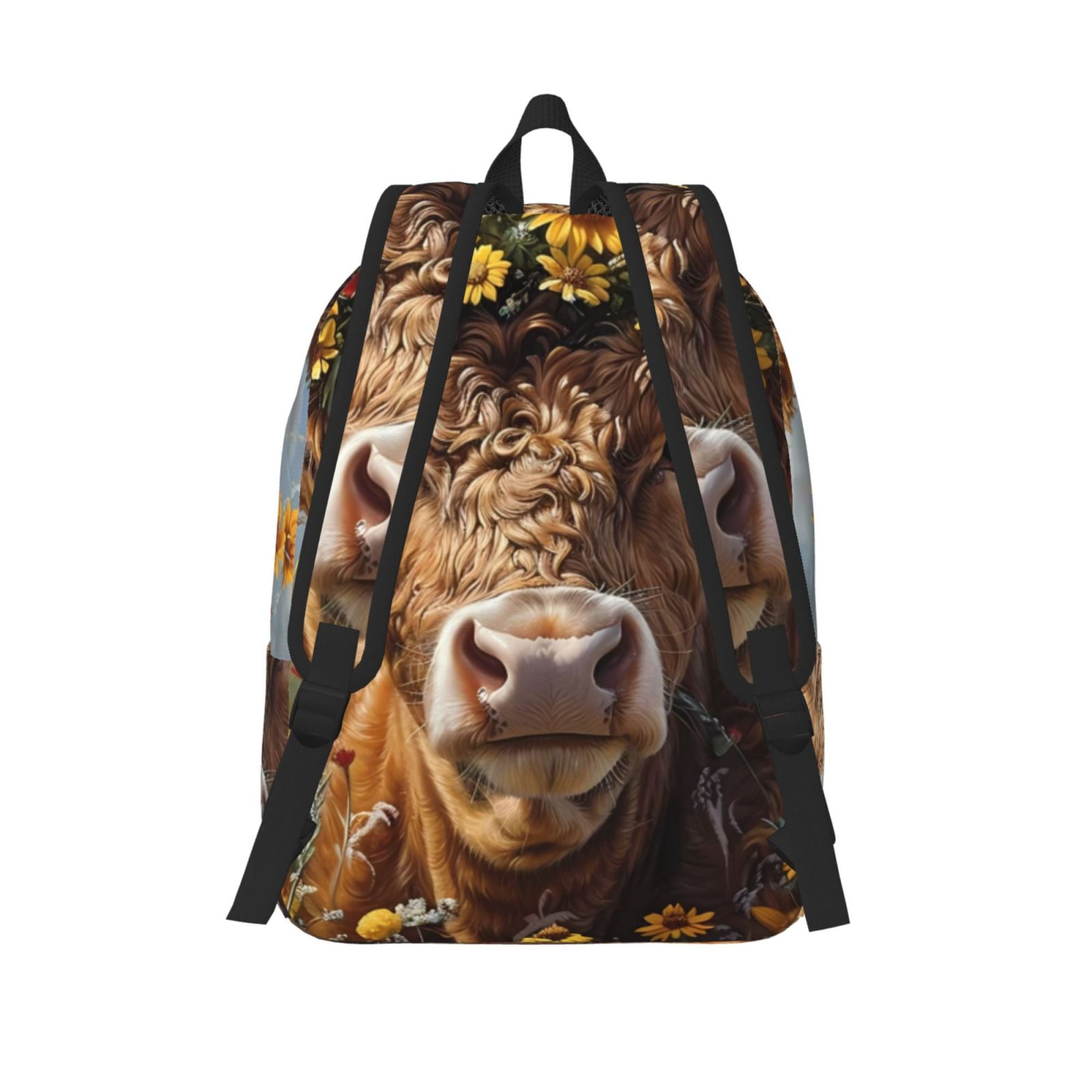 Picia Cute Cow Sunflower Crown A Printed Canvas Daypack - Stylish and Durable Vintage Compact Backpack - Class, Work, Travel, or Laptop Bookbag,Organized Compartments-Medium