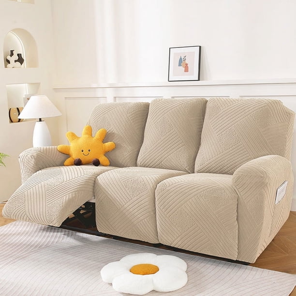 Nvzi Funda de sofá elástica de poliéster jacquard, funda de sillón reclinable para sala de estar, fácil de instalar, lavable, protector de sofá de 3 plazas (beige)