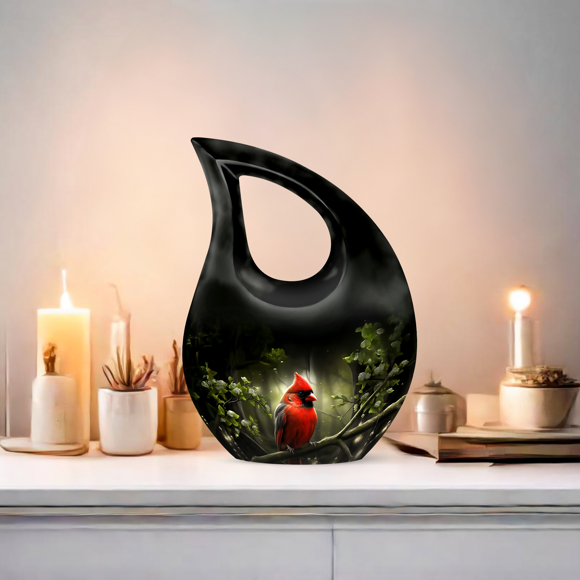 MUKTIVE Red Cardinal Large Cremation Urn for Human Ashes Male & Female - Cross Drop Black Memorials & Funerary Urns - Remembrance Gift for Loss for Dad - Cremation Ashes Holder - 10 Inch